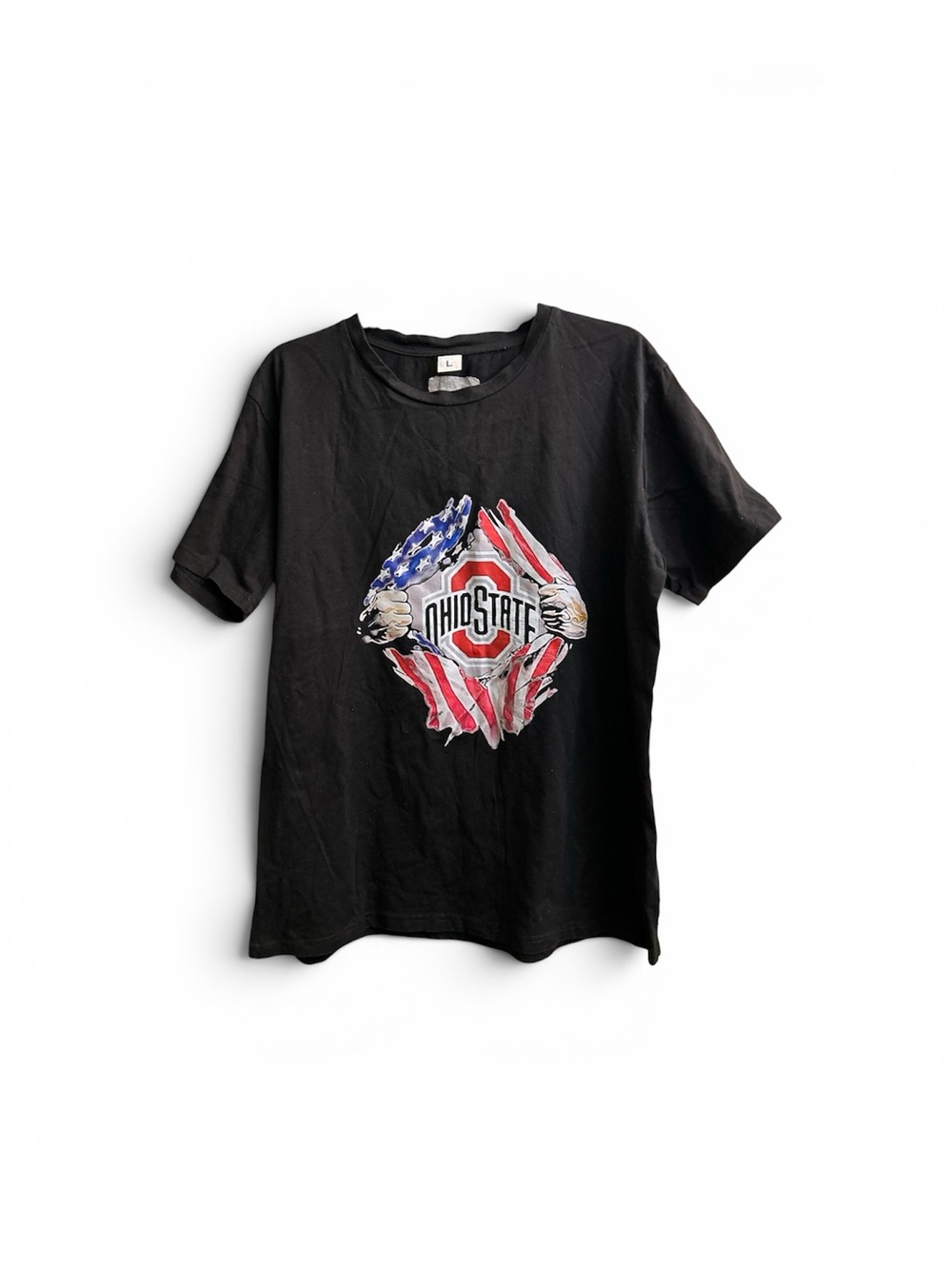 Ohio State Sz L Black T-Shirt w/Ripped Fabric American Flag Graphic